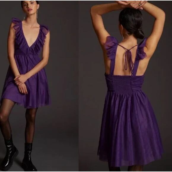 Anthropologie Maeve Ruffled Tulle Mini Dress deep Purple L - Picture 8 of 8